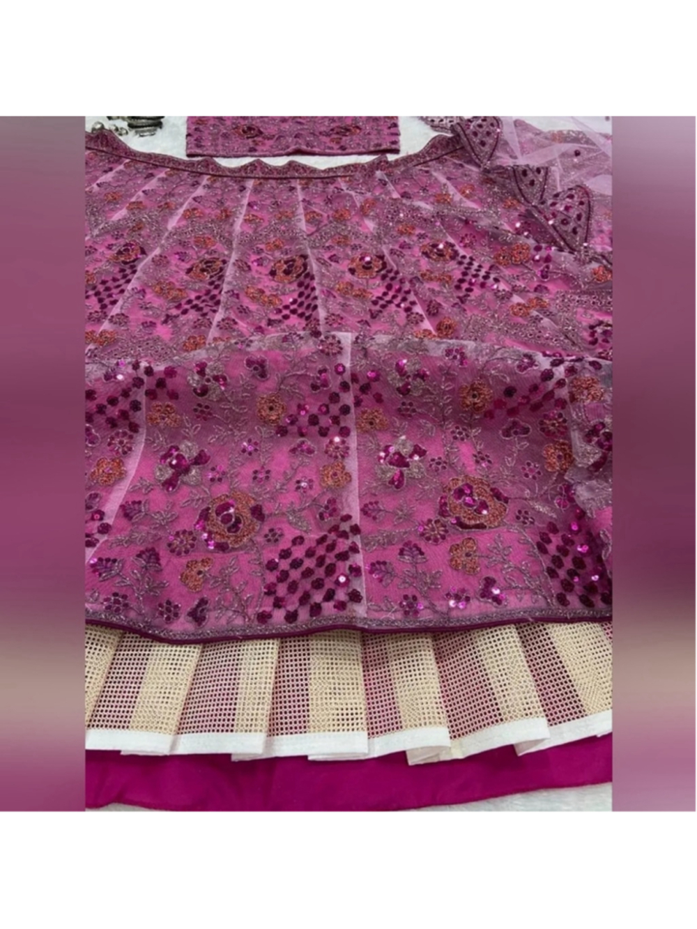 Rose Pink Net Sequins embroidered Flared Style Lehenga Choli - Picture 8 of 8